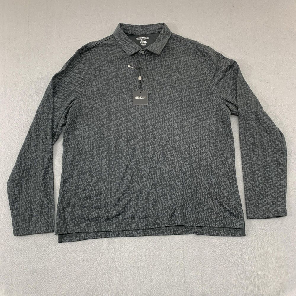 Awearness Kenneth Cole Polo Shirt Mens 2XL Gray Slim Fit Long Sleeve Geometric